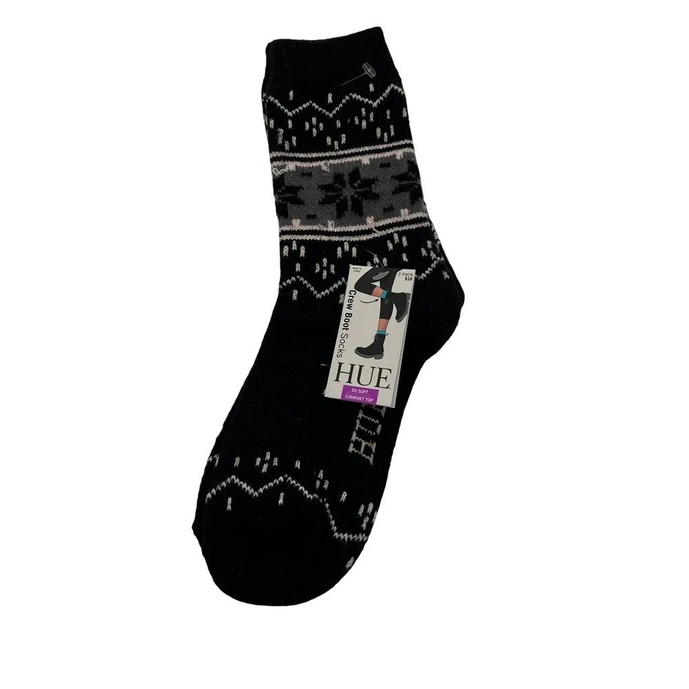 HUE Crew Boot Socks Womens OS Black Fairisle 2pk U23142 So Soft Comfort Top